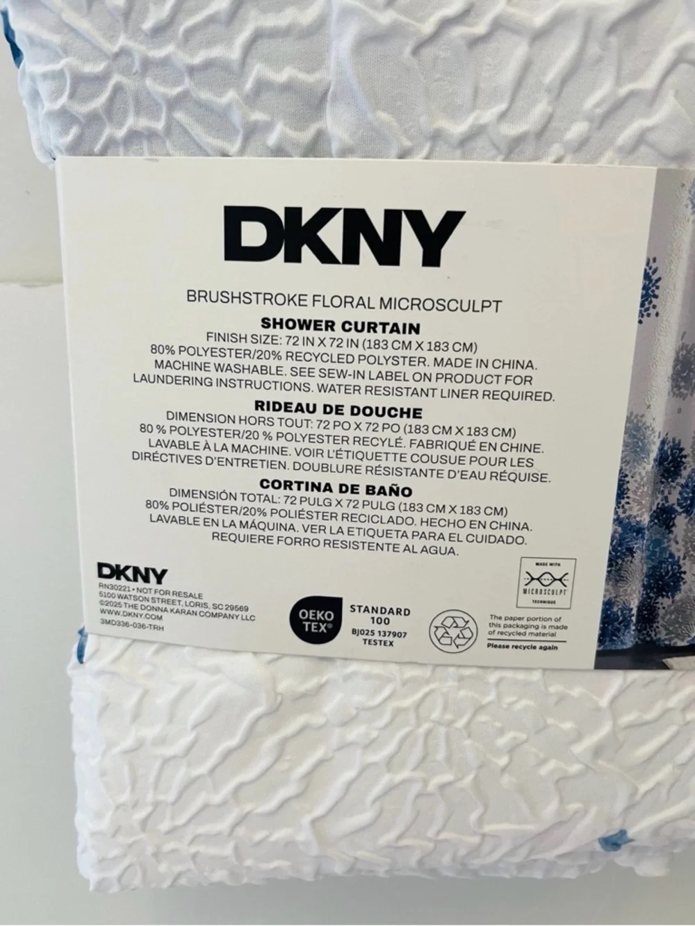 DKNY Brushstroke Floral Microsculpt Shower Curtain White Blue Gray 72” x 72”